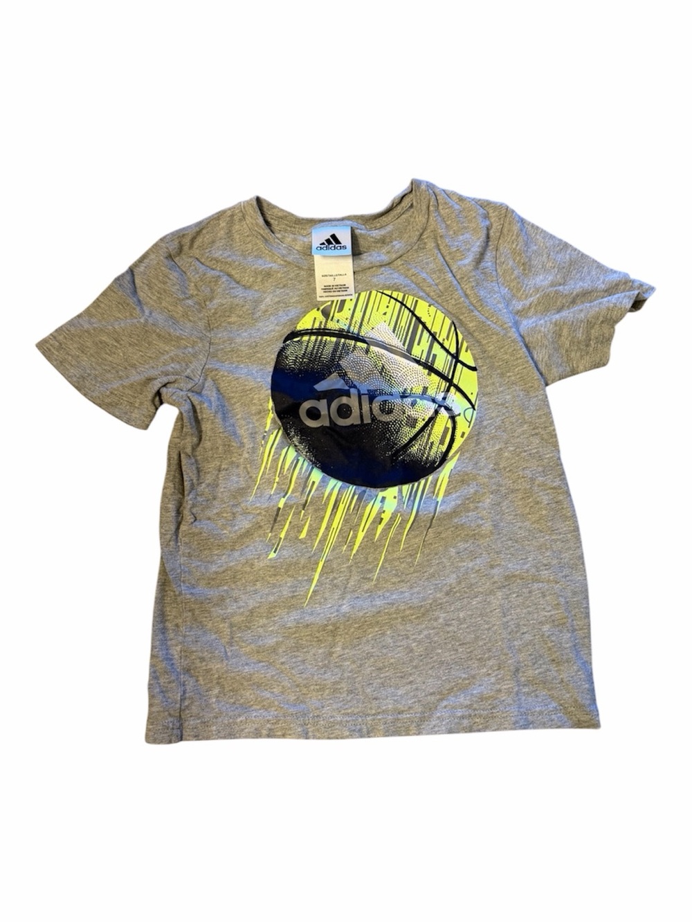 adidas Grey Tee with Neon Yellow & Navy Basketball Graphic